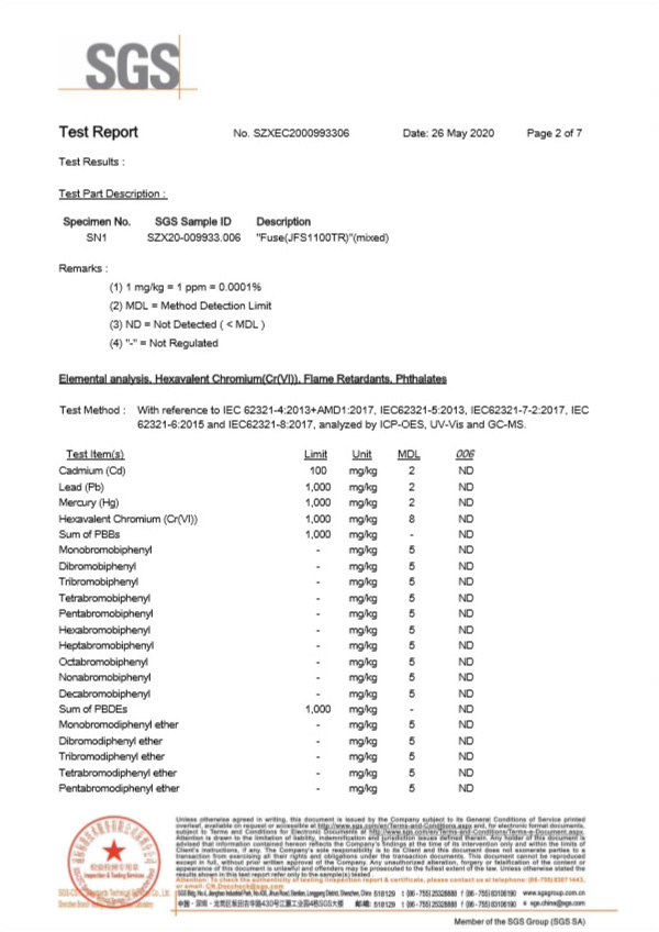 方形慢斷保險(xiǎn)絲SGS認(rèn)證報(bào)告
